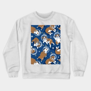 Sleepy astronaut // pattern // classic blue background white and bronze English Bulldogs goldenrod yellow antennas Crewneck Sweatshirt